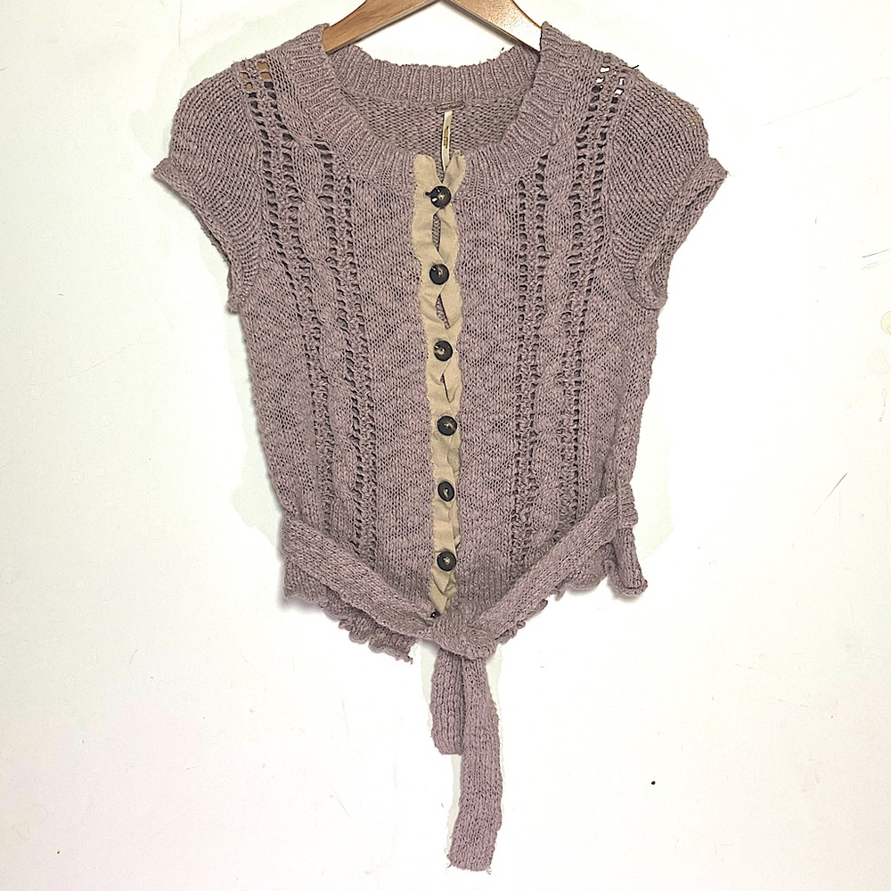 FREE PEOPLE Y2K Women’s Belted Button Front Short Sleeve Mauve Cardigan Small